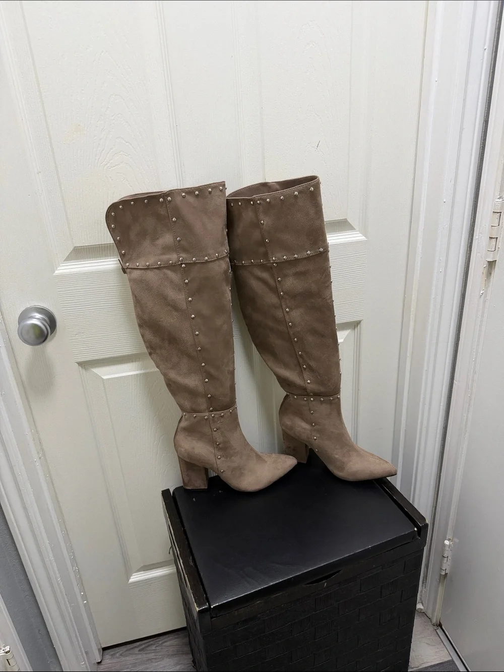 Women's Taupe Studded Knee-High Block Heel Boots